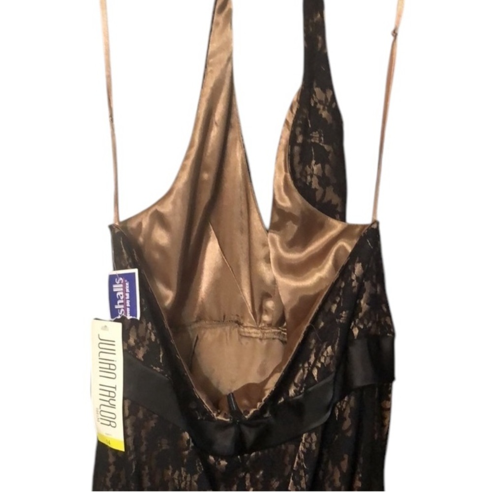 Julian Taylor black lace Nude lined halter top dress size 14 back slit NWT - Picture 2 of 16
